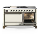 ILVE Majestic III 60-inch Dual Fuel Range with 7 Natural Gas Burner, Griddle, French Top and Solid Door Electric Oven in Antique White with Burnished Trim (UM60FSQNR3AWB)