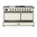 ILVE Majestic III 60-inch Dual Fuel Range with 7 Natural Gas Burner, Griddle, French Top and Solid Door Electric Oven in Antique White with Burnished Trim (UM60FSQNR3AWB)