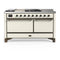 ILVE Majestic III 60-inch Dual Fuel Range with 7 Natural Gas Burner, Griddle, French Top and Solid Door Electric Oven in Antique White with Burnished Trim (UM60FSQNR3AWB)