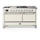ILVE Majestic III 60-inch Dual Fuel Range with 5 Liquid Propane Burner, Griddle, French Top and Solid Door Electric Oven in Antique White with Chrome Trim (UM60FSQNR3AWCLP)