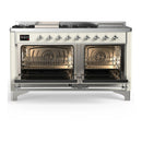 ILVE Majestic III 60-inch Dual Fuel Range with 7 Natural Gas Burner, Griddle, French Top and Solid Door Electric Oven in Antique White with Chrome Trim (UM60FSQNR3AWC)