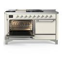 ILVE Majestic III 60-inch Dual Fuel Range with 7 Natural Gas Burner, Griddle, French Top and Solid Door Electric Oven in Antique White with Chrome Trim (UM60FSQNR3AWC)