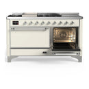 ILVE Majestic III 60-inch Dual Fuel Range with 7 Natural Gas Burner, Griddle, French Top and Solid Door Electric Oven in Antique White with Chrome Trim (UM60FSQNR3AWC)
