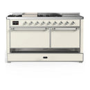 ILVE Majestic III 60-inch Dual Fuel Range with 7 Natural Gas Burner, Griddle, French Top and Solid Door Electric Oven in Antique White with Chrome Trim (UM60FSQNR3AWC)