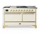 ILVE Majestic III 60-inch Dual Fuel Range with 5 Liquid Propane Burner, Griddle, French Top and Solid Door Electric Oven in Antique White with Brass Trim (UM60FSQNR3AWGLP)