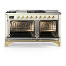 ILVE Majestic III 60-inch Dual Fuel Range with 5 Liquid Propane Burner, Griddle, French Top and Solid Door Electric Oven in Antique White with Brass Trim (UM60FSQNR3AWGLP)