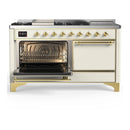 ILVE Majestic III 60-inch Dual Fuel Range with 5 Liquid Propane Burner, Griddle, French Top and Solid Door Electric Oven in Antique White with Brass Trim (UM60FSQNR3AWGLP)