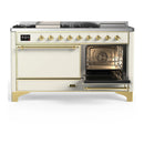 ILVE Majestic III 60-inch Dual Fuel Range with 5 Liquid Propane Burner, Griddle, French Top and Solid Door Electric Oven in Antique White with Brass Trim (UM60FSQNR3AWGLP)