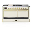 ILVE Majestic III 60-inch Dual Fuel Range with 5 Liquid Propane Burner, Griddle, French Top and Solid Door Electric Oven in Antique White with Brass Trim (UM60FSQNR3AWGLP)