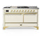 ILVE Majestic III 60-inch Dual Fuel Range with 7 Natural Gas Burner, Griddle, French Top and Solid Door Electric Oven in Antique White with Brass Trim (UM60FSQNR3AWG)