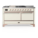 ILVE Majestic III 60-inch Dual Fuel Range with 7 Natural Gas Burner, Griddle, French Top and Solid Door Electric Oven in Antique White with Copper Trim (UM60FSQNR3AWP)
