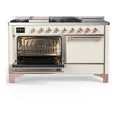 ILVE Majestic III 60-inch Dual Fuel Range with 7 Natural Gas Burner, Griddle, French Top and Solid Door Electric Oven in Antique White with Copper Trim (UM60FSQNR3AWP)