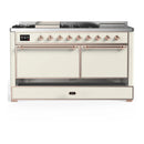 ILVE Majestic III 60-inch Dual Fuel Range with 7 Natural Gas Burner, Griddle, French Top and Solid Door Electric Oven in Antique White with Copper Trim (UM60FSQNR3AWP)