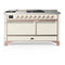 ILVE Majestic III 60-inch Dual Fuel Range with 7 Natural Gas Burner, Griddle, French Top and Solid Door Electric Oven in Antique White with Copper Trim (UM60FSQNR3AWP)