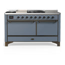 ILVE Majestic III 60-inch Dual Fuel Range with 5 Liquid Propane Burner, Griddle, French Top and Solid Door Electric Oven in Blue Grey with Burnished Trim (UM60FSQNR3BGBLP)