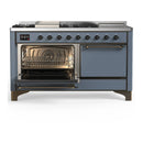 ILVE Majestic III 60-inch Dual Fuel Range with 5 Liquid Propane Burner, Griddle, French Top and Solid Door Electric Oven in Blue Grey with Burnished Trim (UM60FSQNR3BGBLP)