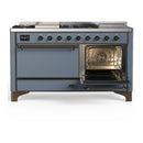 ILVE Majestic III 60-inch Dual Fuel Range with 5 Liquid Propane Burner, Griddle, French Top and Solid Door Electric Oven in Blue Grey with Burnished Trim (UM60FSQNR3BGBLP)