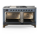 ILVE Majestic III 60-inch Dual Fuel Range with 7 Natural Gas Burner, Griddle, French Top and Solid Door Electric Oven in Blue Grey with Burnished Trim (UM60FSQNR3BGB)