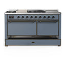ILVE Majestic III 60-inch Dual Fuel Range with 7 Natural Gas Burner, Griddle, French Top and Solid Door Electric Oven in Blue Grey with Burnished Trim (UM60FSQNR3BGB)