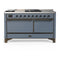 ILVE Majestic III 60-inch Dual Fuel Range with 7 Natural Gas Burner, Griddle, French Top and Solid Door Electric Oven in Blue Grey with Burnished Trim (UM60FSQNR3BGB)