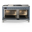 ILVE Majestic III 60-inch Dual Fuel Range with 7 Natural Gas Burner, Griddle, French Top and Solid Door Electric Oven in Blue Grey with Chrome Trim (UM60FSQNR3BGC)