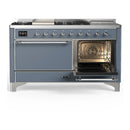 ILVE Majestic III 60-inch Dual Fuel Range with 7 Natural Gas Burner, Griddle, French Top and Solid Door Electric Oven in Blue Grey with Chrome Trim (UM60FSQNR3BGC)
