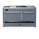 ILVE Majestic III 60-inch Dual Fuel Range with 7 Natural Gas Burner, Griddle, French Top and Solid Door Electric Oven in Blue Grey with Chrome Trim (UM60FSQNR3BGC)