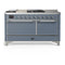 ILVE Majestic III 60-inch Dual Fuel Range with 7 Natural Gas Burner, Griddle, French Top and Solid Door Electric Oven in Blue Grey with Chrome Trim (UM60FSQNR3BGC)