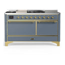 ILVE Majestic III 60-inch Dual Fuel Range with 5 Liquid Propane Burner, Griddle, French Top and Solid Door Electric Oven in Blue Grey with Brass Trim (UM60FSQNR3BGGLP)