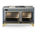 ILVE Majestic III 60-inch Dual Fuel Range with 5 Liquid Propane Burner, Griddle, French Top and Solid Door Electric Oven in Blue Grey with Brass Trim (UM60FSQNR3BGGLP)