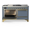 ILVE Majestic III 60-inch Dual Fuel Range with 7 Natural Gas Burner, Griddle, French Top and Solid Door Electric Oven in Blue Grey with Brass Trim (UM60FSQNR3BGG)