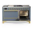 ILVE Majestic III 60-inch Dual Fuel Range with 7 Natural Gas Burner, Griddle, French Top and Solid Door Electric Oven in Blue Grey with Brass Trim (UM60FSQNR3BGG)