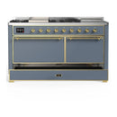 ILVE Majestic III 60-inch Dual Fuel Range with 7 Natural Gas Burner, Griddle, French Top and Solid Door Electric Oven in Blue Grey with Brass Trim (UM60FSQNR3BGG)