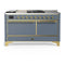 ILVE Majestic III 60-inch Dual Fuel Range with 7 Natural Gas Burner, Griddle, French Top and Solid Door Electric Oven in Blue Grey with Brass Trim (UM60FSQNR3BGG)