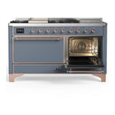 ILVE Majestic III 60-inch Dual Fuel Range with 5 Liquid Propane Burner, Griddle, French Top and Solid Door Electric Oven in Blue Grey with Copper Trim (UM60FSQNR3BGPLP)