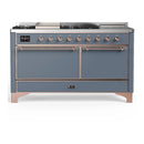 ILVE Majestic III 60-inch Dual Fuel Range with 7 Natural Gas Burner, Griddle, French Top and Solid Door Electric Oven in Blue Grey with Copper Trim (UM60FSQNR3BGP)
