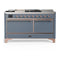 ILVE Majestic III 60-inch Dual Fuel Range with 7 Natural Gas Burner, Griddle, French Top and Solid Door Electric Oven in Blue Grey with Copper Trim (UM60FSQNR3BGP)