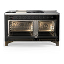 ILVE Majestic III 60-inch Dual Fuel Range with 7 Natural Gas Burner, Griddle, French Top and Solid Door Electric Oven in Glossy Black with Burnished Trim (UM60FSQNR3BKB)