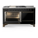 ILVE Majestic III 60-inch Dual Fuel Range with 7 Natural Gas Burner, Griddle, French Top and Solid Door Electric Oven in Glossy Black with Burnished Trim (UM60FSQNR3BKB)