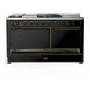 ILVE Majestic III 60-inch Dual Fuel Range with 7 Natural Gas Burner, Griddle, French Top and Solid Door Electric Oven in Glossy Black with Burnished Trim (UM60FSQNR3BKB)