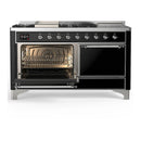 ILVE Majestic III 60-inch Dual Fuel Range with 5 Liquid Propane Burner, Griddle, French Top and Solid Door Electric Oven in Glossy Black with Chrome Trim (UM60FSQNR3BKCLP)