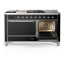 ILVE Majestic III 60-inch Dual Fuel Range with 5 Liquid Propane Burner, Griddle, French Top and Solid Door Electric Oven in Glossy Black with Chrome Trim (UM60FSQNR3BKCLP)