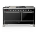 ILVE Majestic III 60-inch Dual Fuel Range with 7 Natural Gas Burner, Griddle, French Top and Solid Door Electric Oven in Glossy Black with Chrome Trim (UM60FSQNR3BKC)