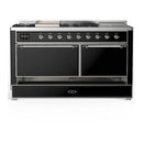 ILVE Majestic III 60-inch Dual Fuel Range with 7 Natural Gas Burner, Griddle, French Top and Solid Door Electric Oven in Glossy Black with Chrome Trim (UM60FSQNR3BKC)