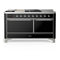 ILVE Majestic III 60-inch Dual Fuel Range with 7 Natural Gas Burner, Griddle, French Top and Solid Door Electric Oven in Glossy Black with Chrome Trim (UM60FSQNR3BKC)