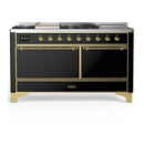 ILVE Majestic III 60-inch Dual Fuel Range with 7 Natural Gas Burner, Griddle, French Top and Solid Door Electric Oven in Glossy Black with Brass Trim (UM60FSQNR3BKG)