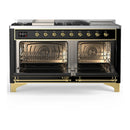 ILVE Majestic III 60-inch Dual Fuel Range with 7 Natural Gas Burner, Griddle, French Top and Solid Door Electric Oven in Glossy Black with Brass Trim (UM60FSQNR3BKG)