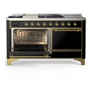 ILVE Majestic III 60-inch Dual Fuel Range with 7 Natural Gas Burner, Griddle, French Top and Solid Door Electric Oven in Glossy Black with Brass Trim (UM60FSQNR3BKG)