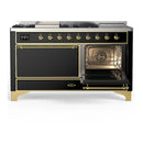 ILVE Majestic III 60-inch Dual Fuel Range with 7 Natural Gas Burner, Griddle, French Top and Solid Door Electric Oven in Glossy Black with Brass Trim (UM60FSQNR3BKG)