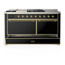 ILVE Majestic III 60-inch Dual Fuel Range with 7 Natural Gas Burner, Griddle, French Top and Solid Door Electric Oven in Glossy Black with Brass Trim (UM60FSQNR3BKG)